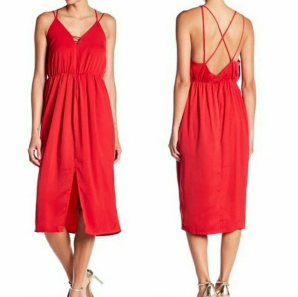 Few Moda New York Red Evening V Neck Midi Dress